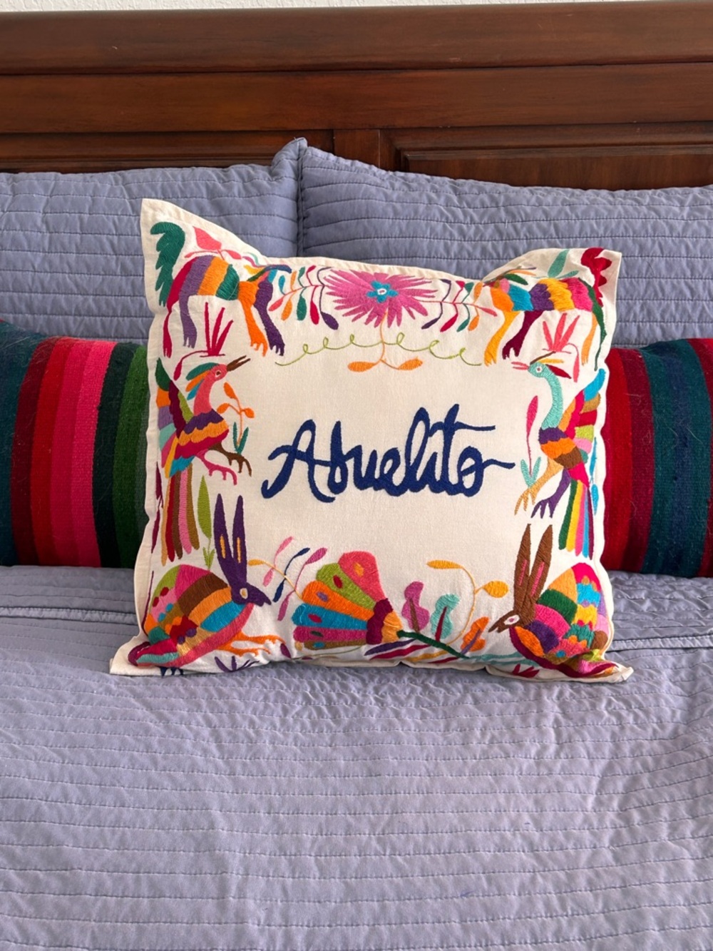 Embroidered 'Abuelito' Multicolor Decorative Throw Pillow Otomi Design colorful